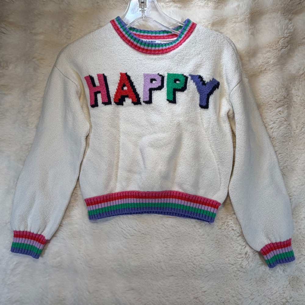 Old Navy Girls Happy  Knit Sweater Rainbow Striped Trim Cream White Crewneck